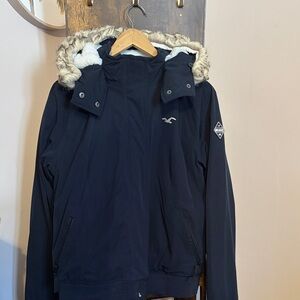 Hollister Dark Blue Jacket with Faux Fur Hood